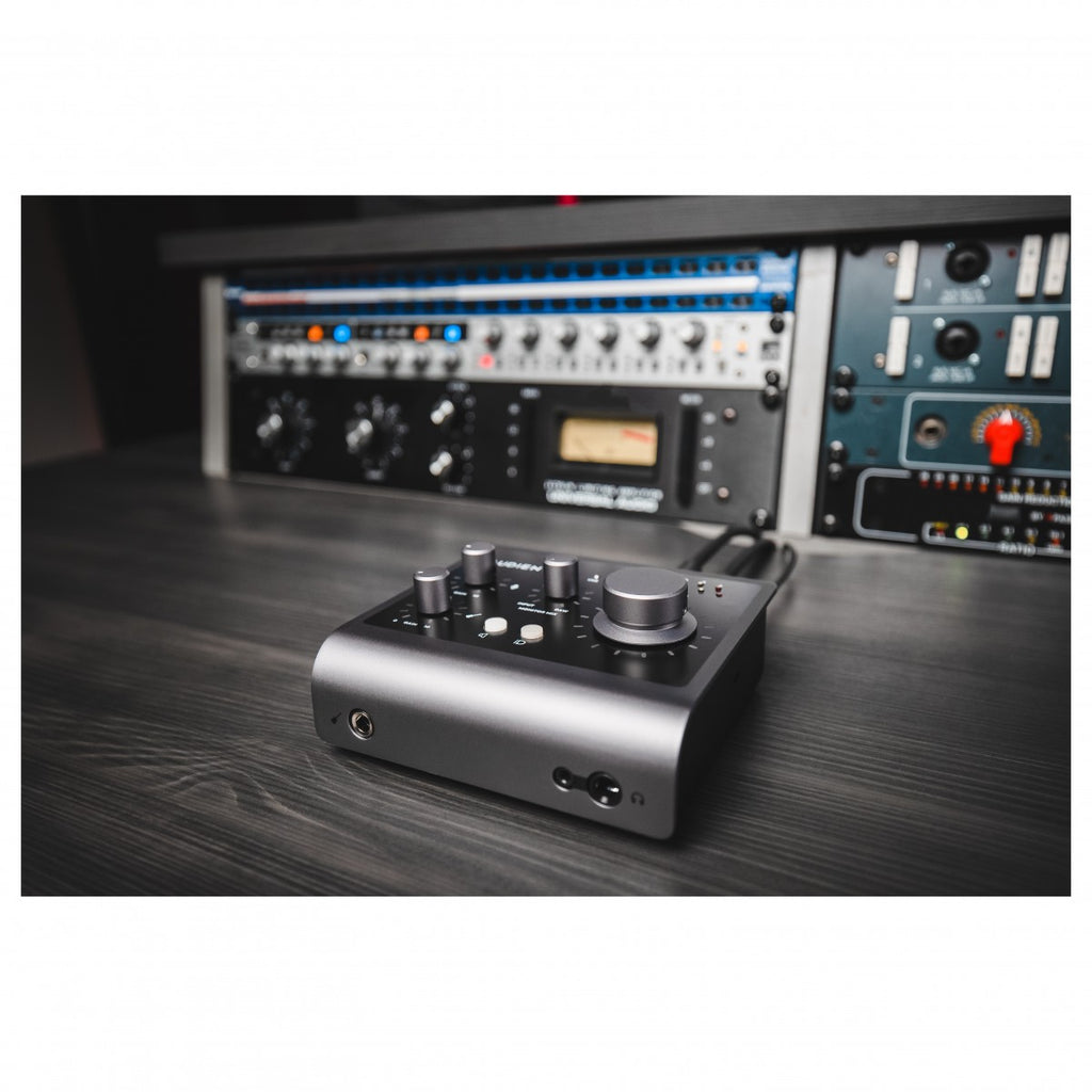 Audient iD4 MK2 audio interface with compact design, featuring input and output ports and professional audio controls.