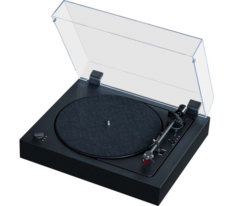 Pro-Ject Automat A2 turntable with 2M Red cartridge, featuring a sleek black design and automatic tonearm operation.