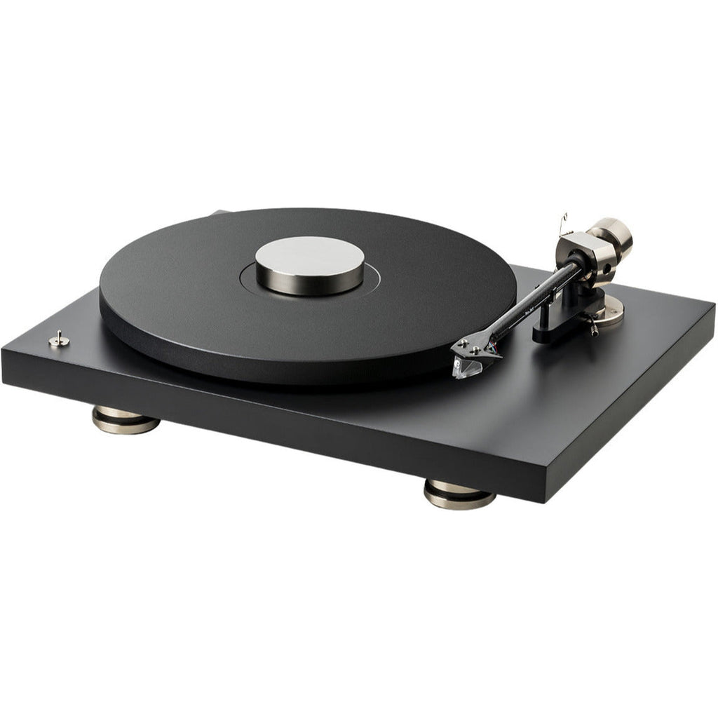 Pro-Ject Debut Pro turntable with sleek black plinth and tonearm, featuring high-quality audio components and modern design.