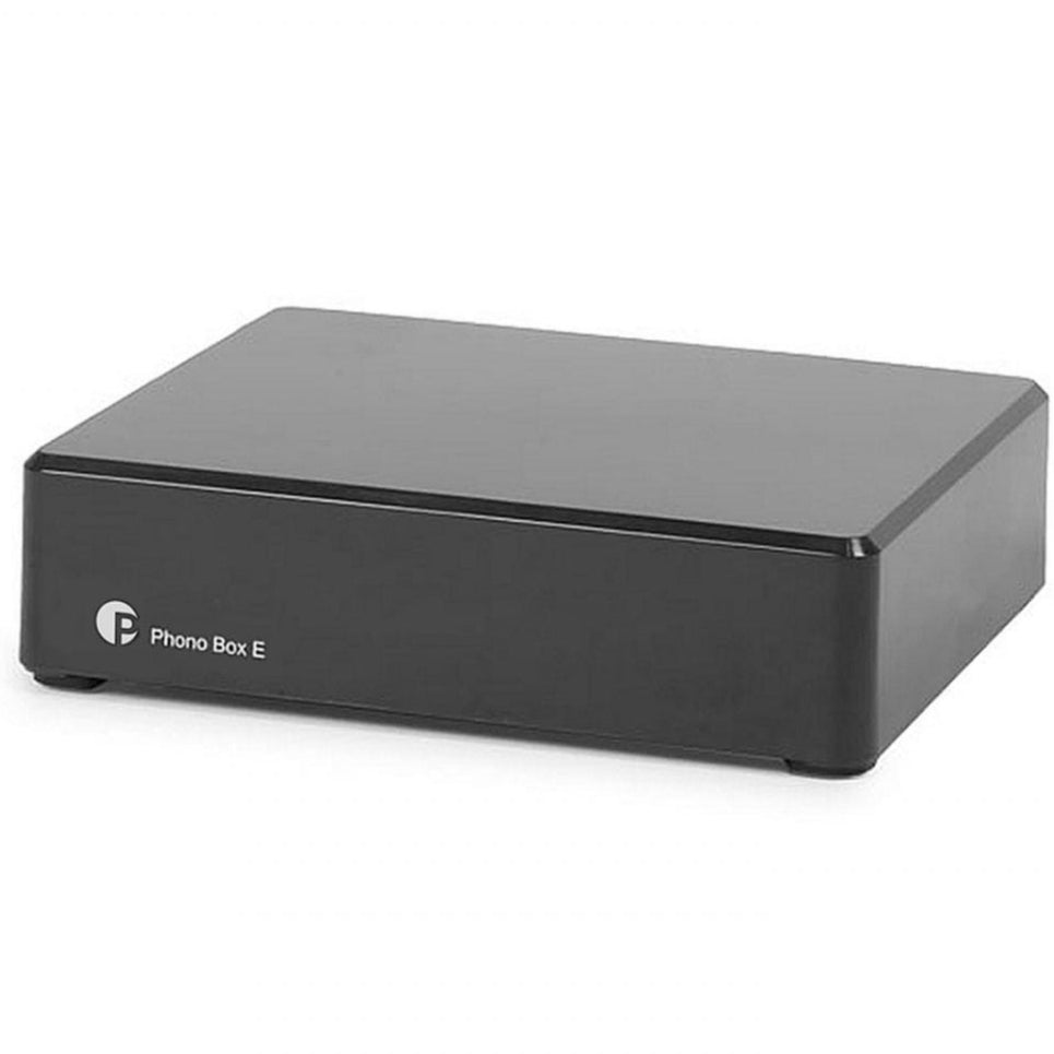 Pro-Ject Phono Box E phono preamp with compact design and input/output connections for high-quality vinyl record playback.