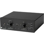 Pro-Ject Phono Box RS2 phono preamp with sleek black design and input/output connections for high-quality vinyl playback.