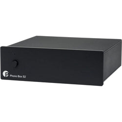 Pro-Ject Phono Box S2 phono preamp with sleek black design and control knobs, used for connecting turntables to audio systems.