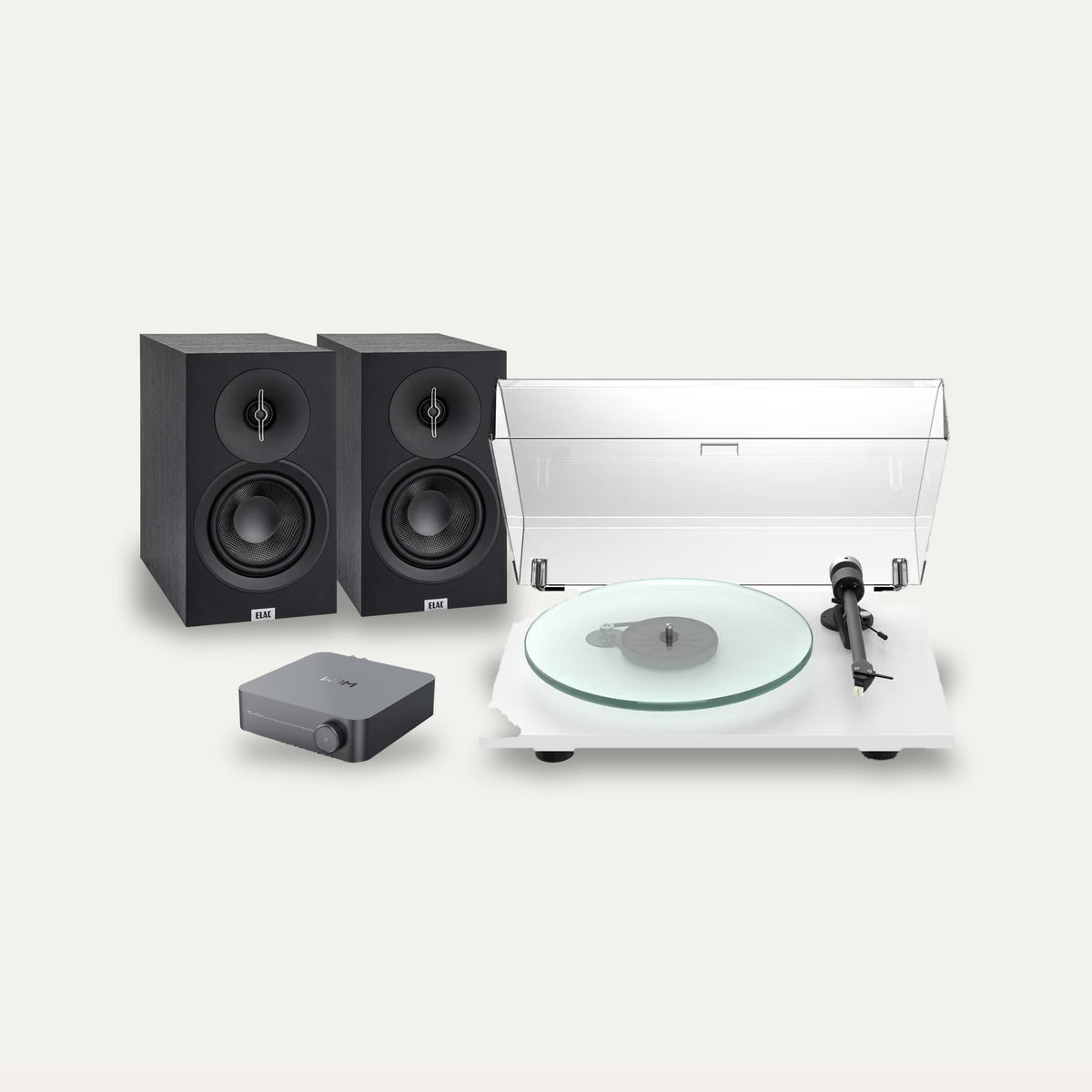 Pro-Ject T2 Super Phono + WiiM Amp + ELAC Debut B5.3 Vinyl System – Turntable Finish Satin White, Amplifier Colour Grey
