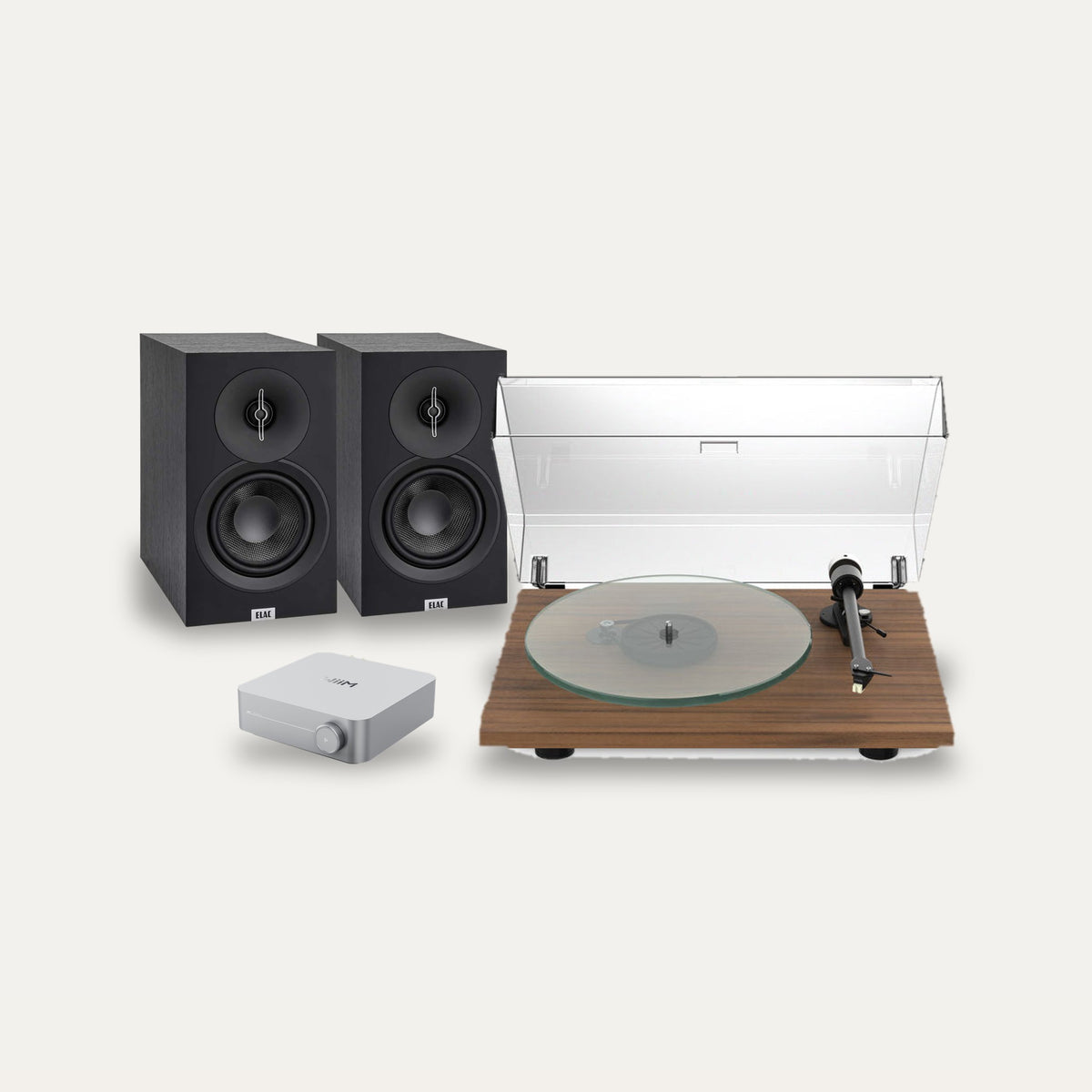 Pro-Ject T2 Super Phono + WiiM Amp + ELAC Debut B5.3 Vinyl System – Turntable Finish Walnut, Amplifier Colour Silver