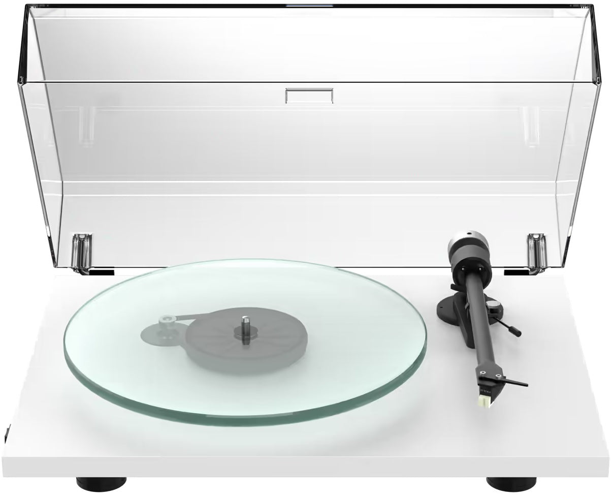 Pro-Ject T2 Super Phono turntable with sleek black finish, featuring tonearm and platter for high-quality vinyl playback.