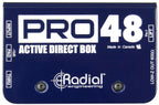 Radial Engineering Pro48 DI box with top view showing input and output connections for professional audio use.