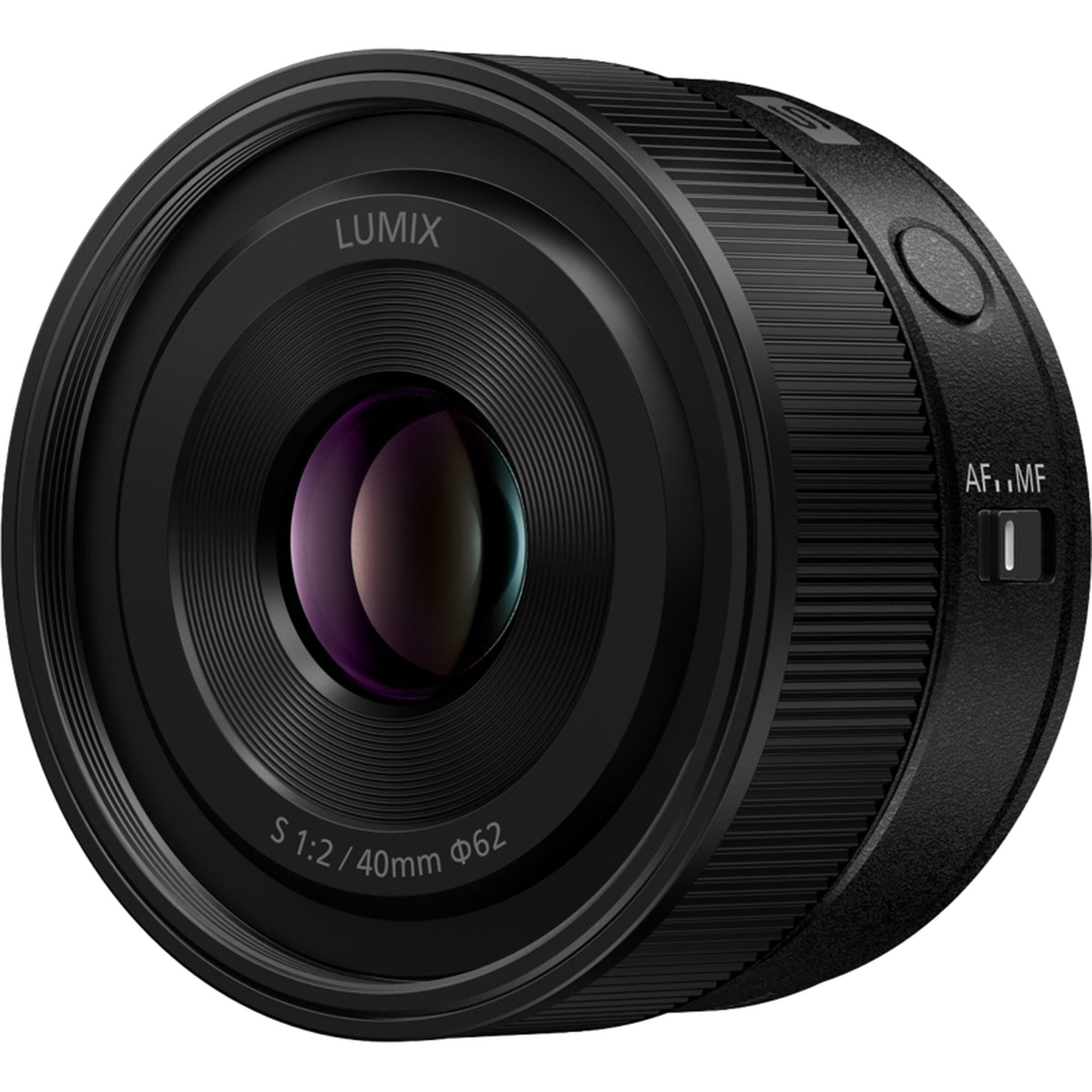 Panasonic Lumix S 40mm F/2.0 lens for video cameras, shown in a close-up with focus on the lens details and build quality.