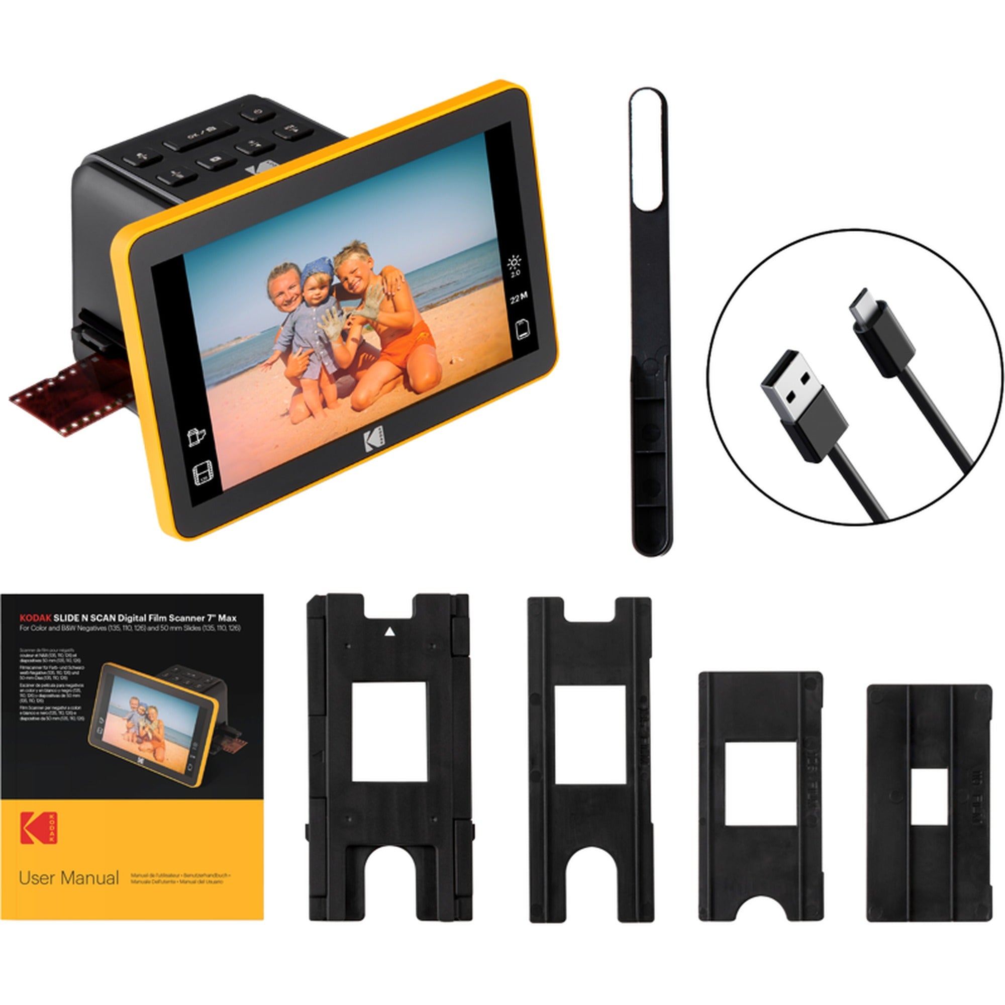 Kodak Slide N Scan digital film scanner, 7-inch compact device, shown with film slides and scanning interface.