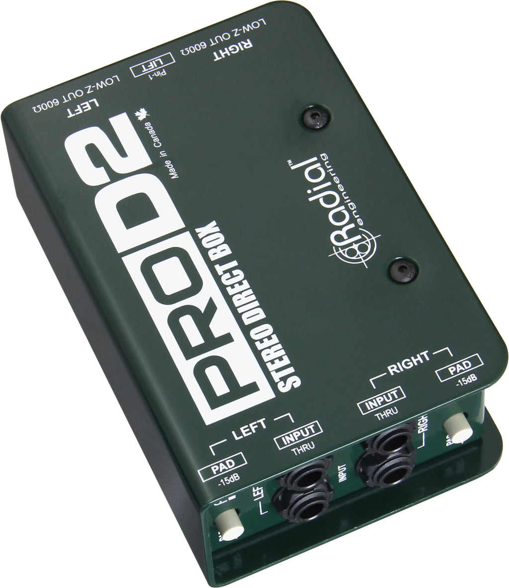 Radial Engineering ProD2 DI box with two channels and XLR outputs, used for professional audio signal routing and instrument connection.