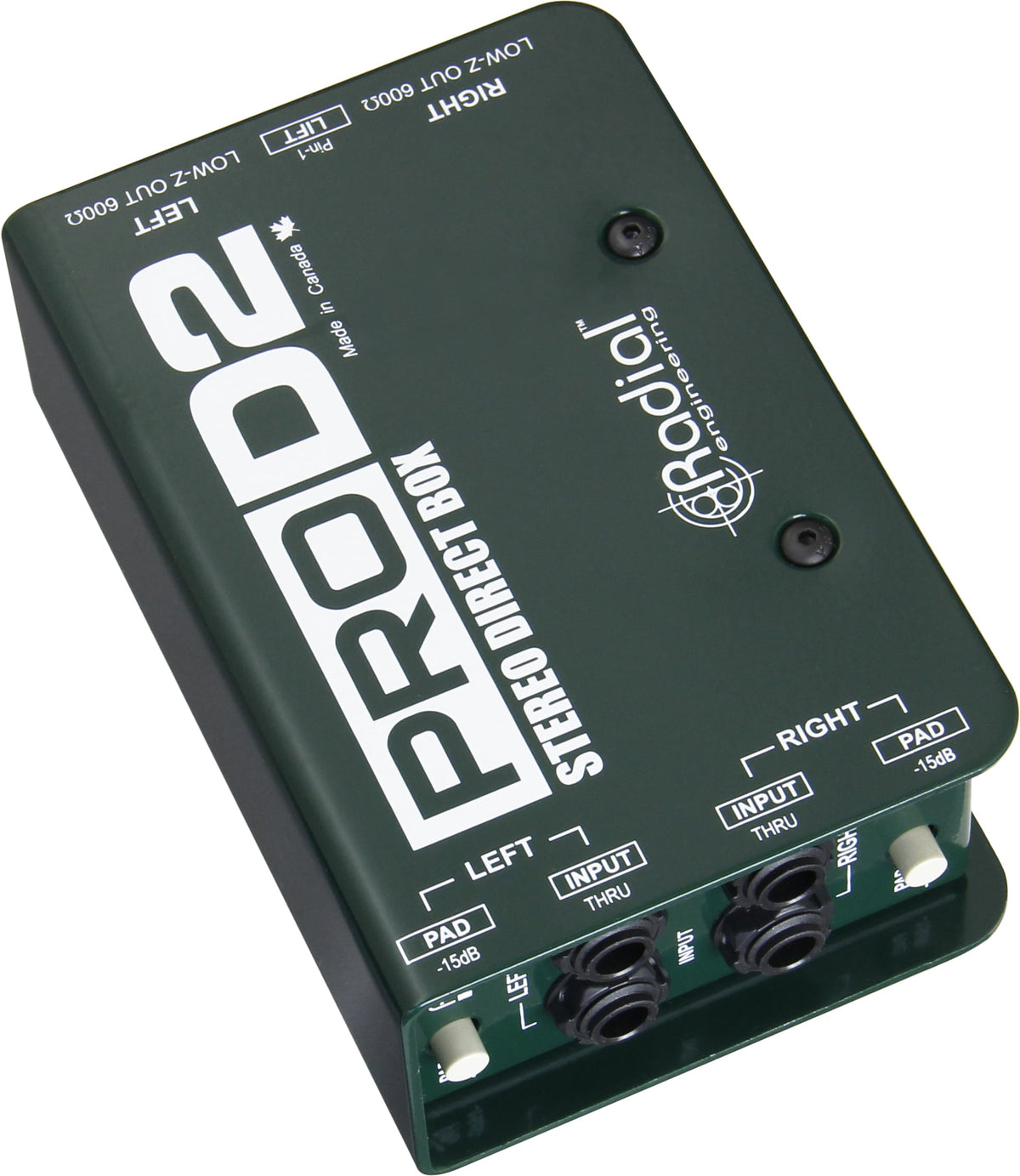 Radial Engineering ProD2 DI box with two channels and XLR outputs, used for professional audio signal routing and instrument connection.