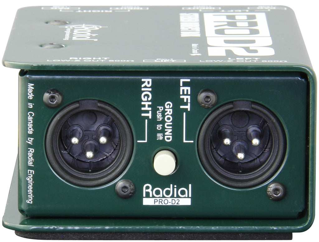 Radial Engineering ProD2 DI box shown from the back, featuring input and output connections for professional audio setups.