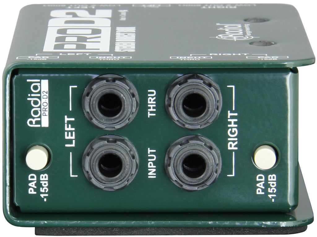 Radial Engineering ProD2 DI box showing front panel with input, output, and control knobs for professional audio connection.