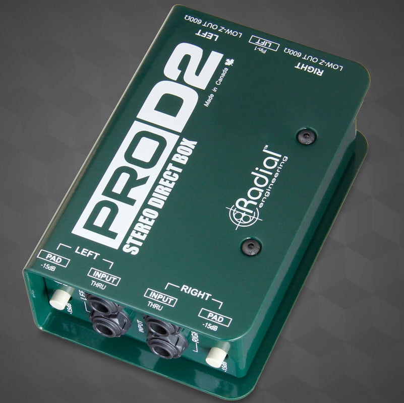 Radial Engineering ProD2 DI box with XLR and 1/4-inch inputs and outputs for professional audio signal balancing and conversion.