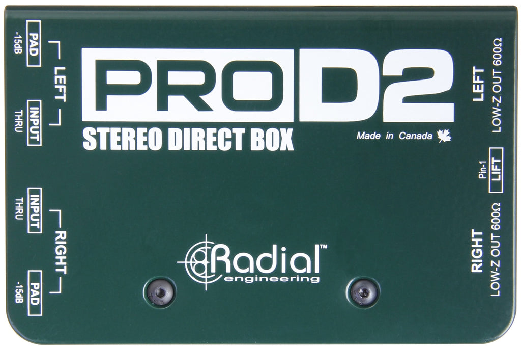 Radial Engineering ProD2 DI box with top view showing input and output jacks for professional audio connections.