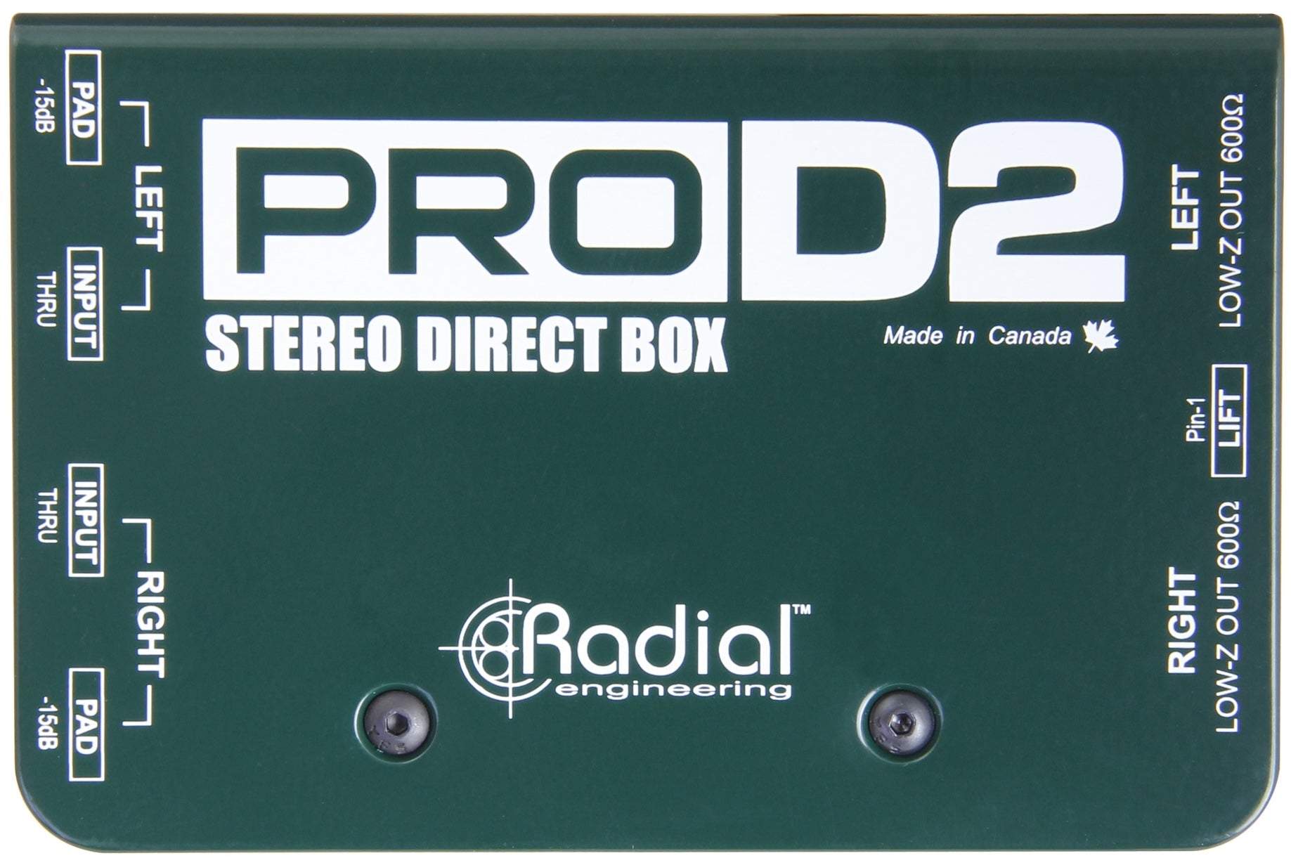 Radial Engineering ProD2 DI box with top view showing input and output jacks for professional audio connections.