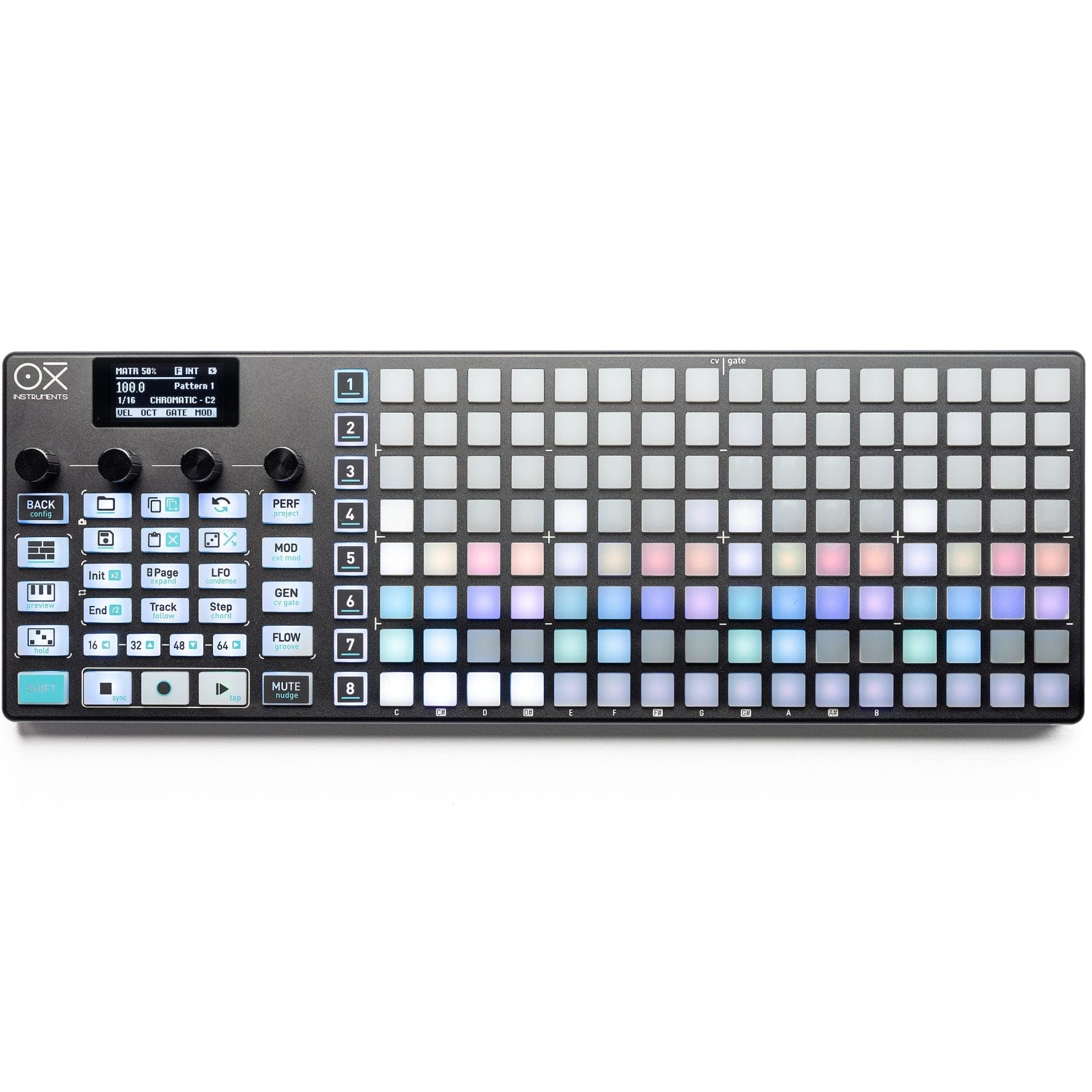 OXI Instruments One MKII Nostalgia sequencer with vintage-inspired interface, buttons, and knobs for music production.