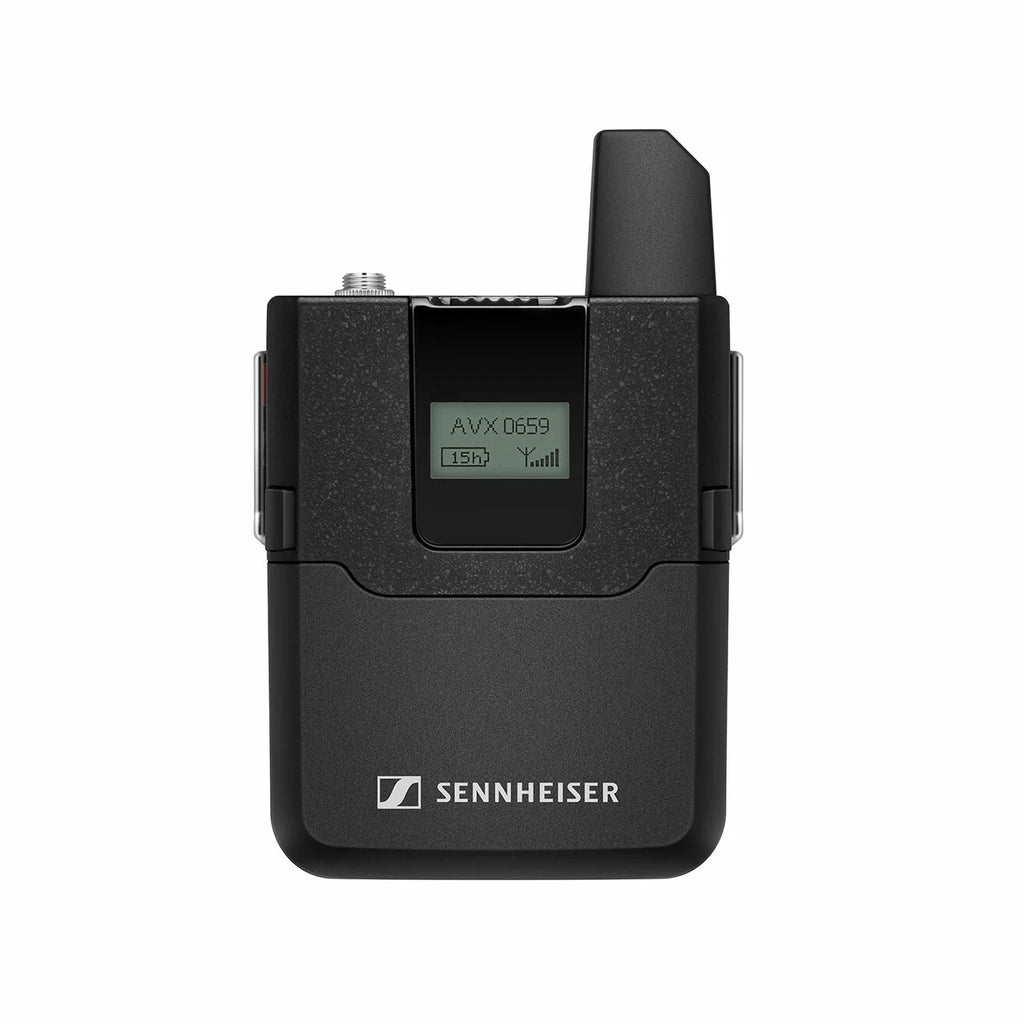 Sennheiser AVX-ME2 professional wireless microphone system with transmitter and receiver, front view showing red accents and controls.