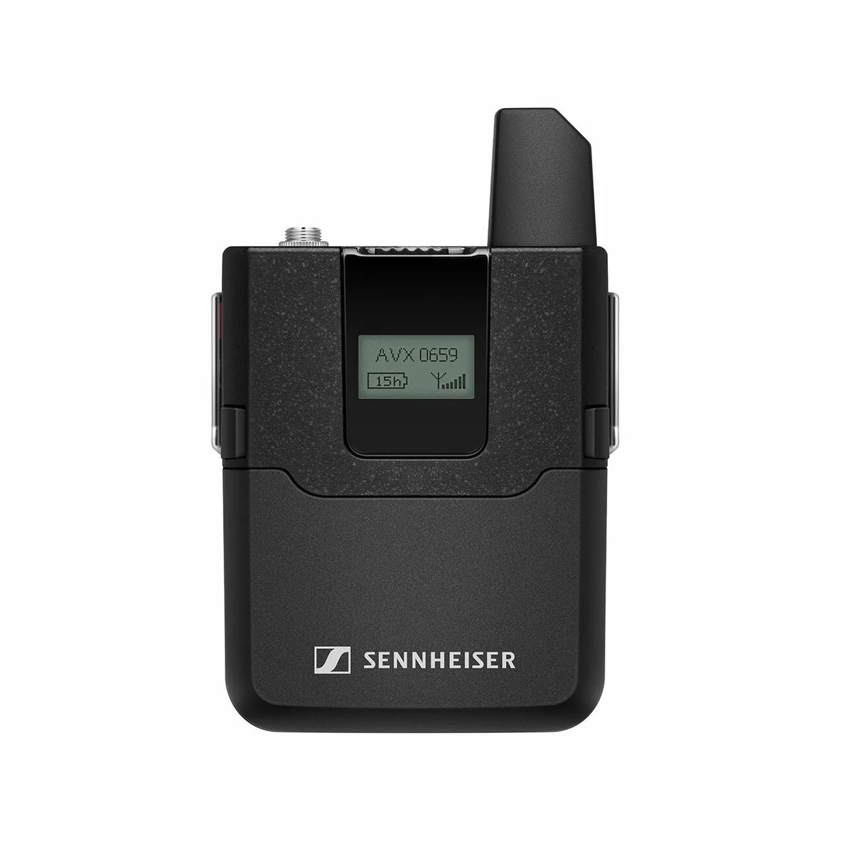 Sennheiser AVX-ME2 professional wireless microphone system with transmitter and receiver, front view showing red accents and controls.