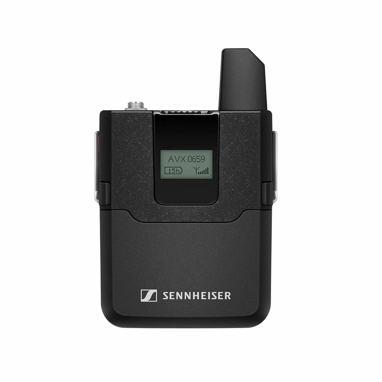 Sennheiser AVX-ME2 professional wireless microphone system with transmitter and receiver, front view showing red accents and controls.