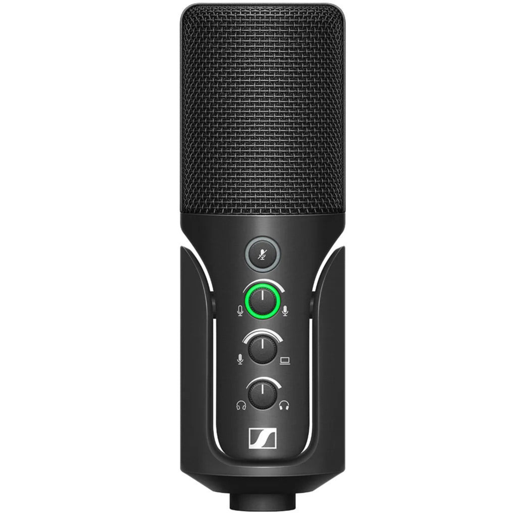 Sennheiser Profile Streaming Set microphone stands with two USB microphones on a desktop, front view showing microphone details.