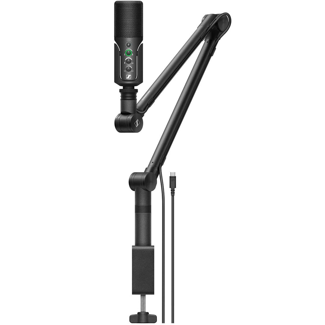 Two Sennheiser Profile Streaming Set microphone stands with USB microphones for professional streaming and recording on a desktop.