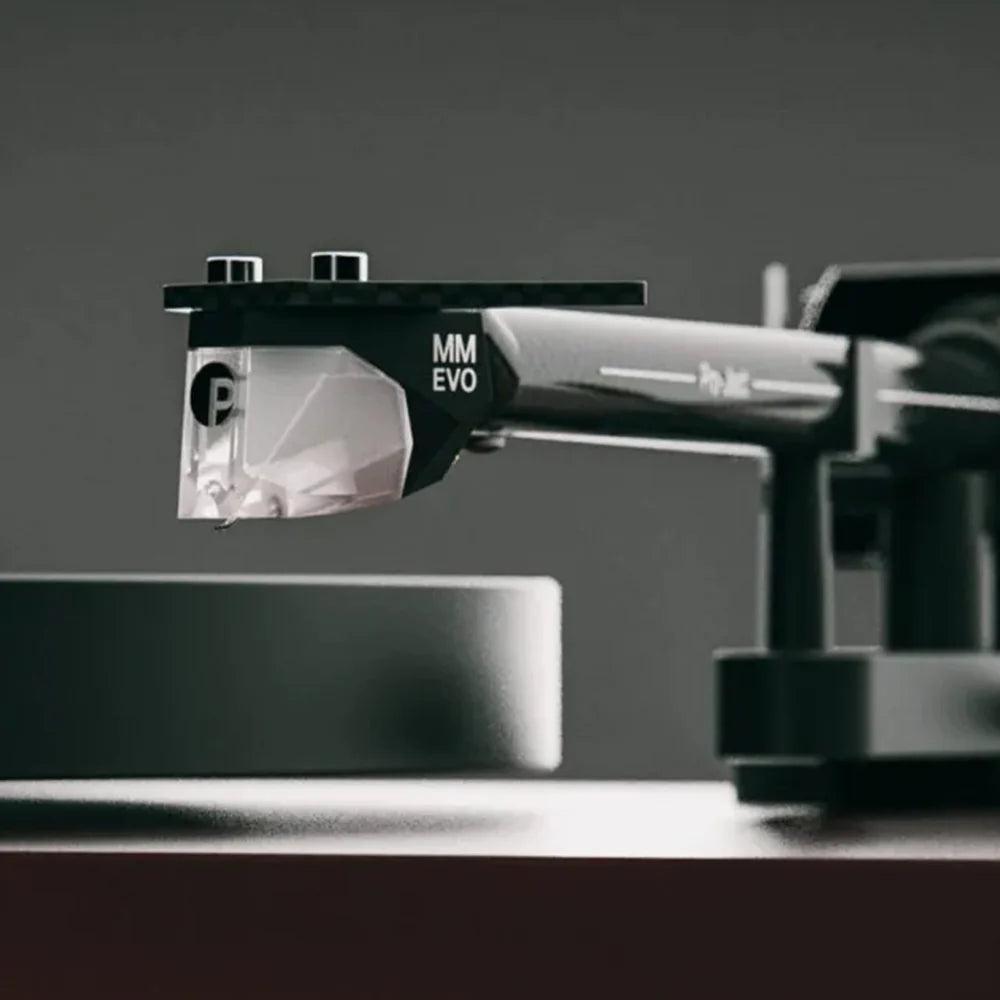 Pro-Ject Debut EVO 2 turntable with a sleek design and mounted cartridge, showcasing the high-quality audio equipment.