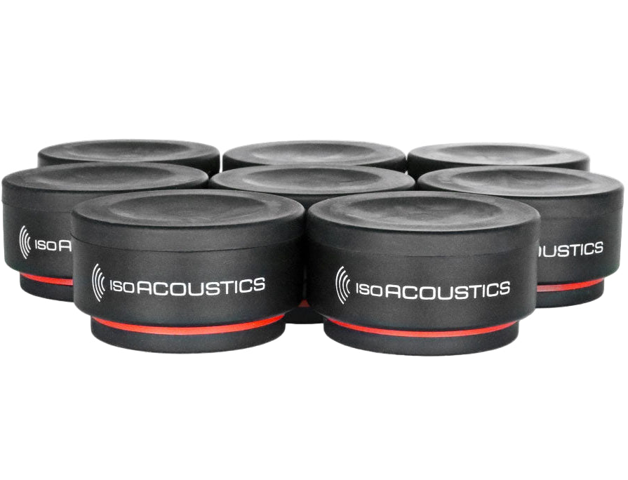 IsoAcoustics ISO-Puck Mini studio monitor stand isolator with three black rubber pucks on a white background.