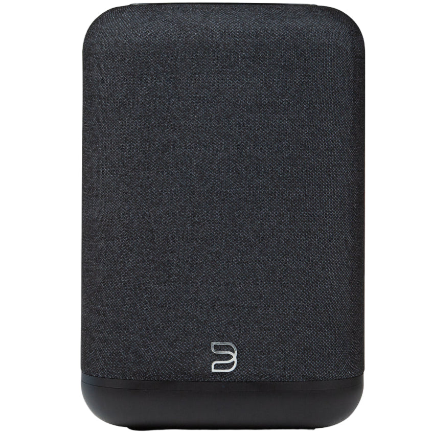 Bluesound Pulse Flex 2025 wireless speaker in black, front view showing sleek design and compact size.