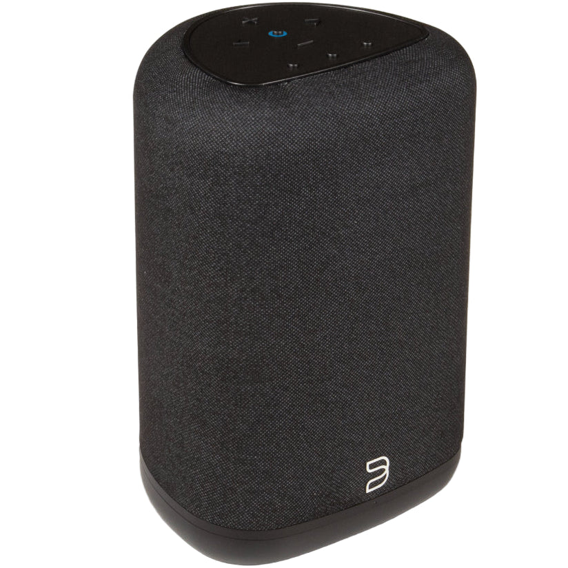 Black Bluesound Pulse Flex 2025 wireless speaker viewed from above, showing its compact design and shadowed surface.