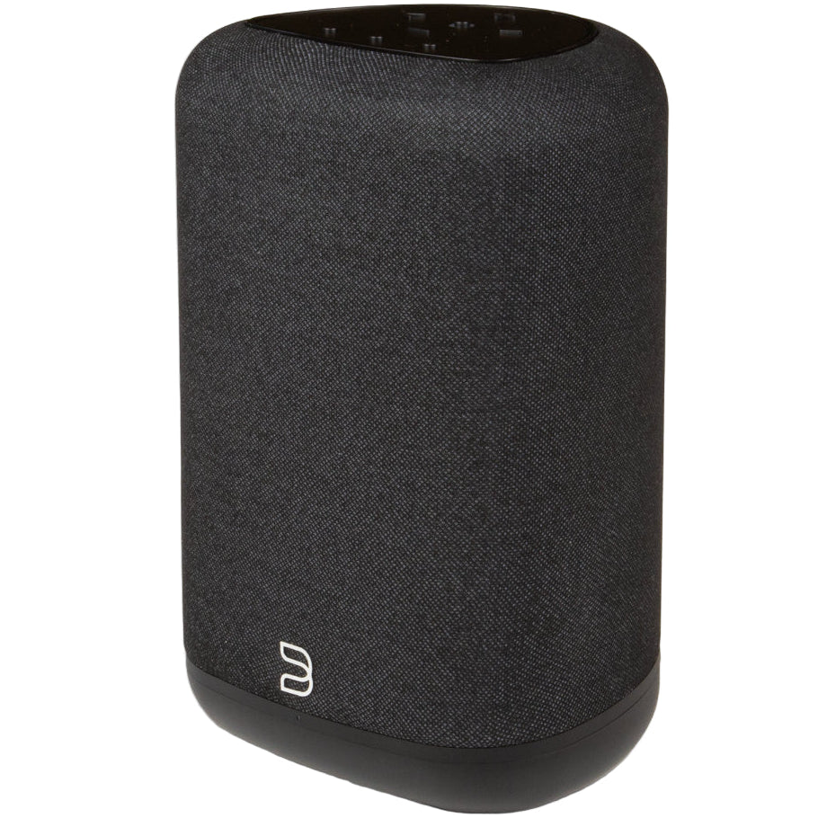 Black Bluesound Pulse Flex 2025 wireless speaker with shadow effect, showcasing its compact design and modern look.