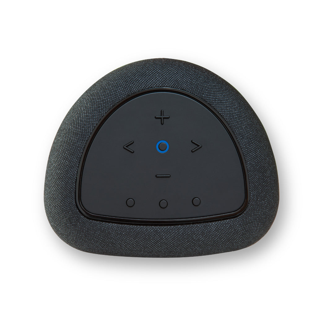 Black Bluesound Pulse Flex wireless speaker with a sleek top design and shadowed background.