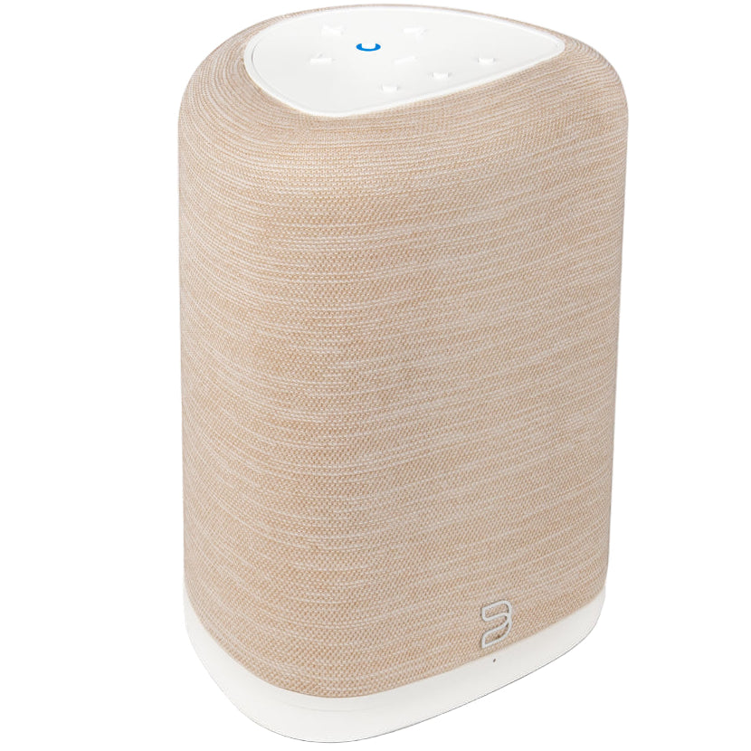 Bluesound Pulse Flex 2025 wireless speaker in tan, shown from a high left angle with shadow detail.