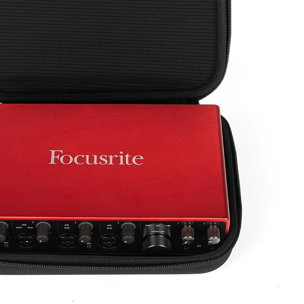 Analog Cases Pulse Studio Bag for Focusrite Scarlett 18i8 and UA Apollo X4, showing padded protective case with handle and zipper.