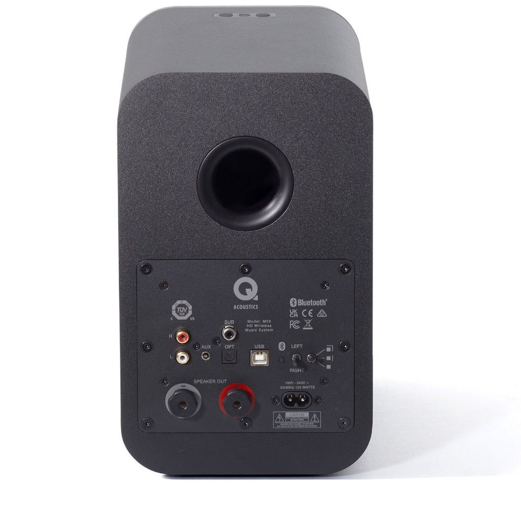 Q Acoustics M20 HD wireless speakers set shown with sleek black design, compact size, and modern controls on the front panel.