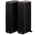 Pair of black Q Acoustics M40 wireless speakers shown from the front at an angle. Stylish home audio speakers for high-quality sound.