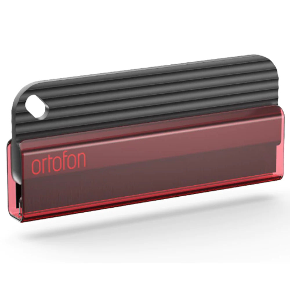 Ortofon record brush for cleaning vinyl records, featuring soft bristles to remove dust and static for better sound quality.