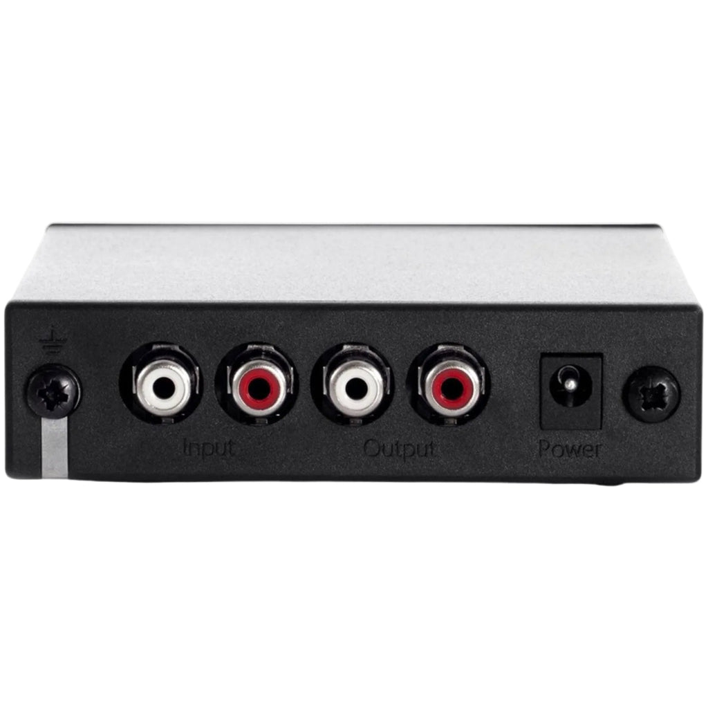 Rega Fono Mini A2D MK2 phono preamp with RCA and USB outputs, compact black design, rear view showing connection ports.