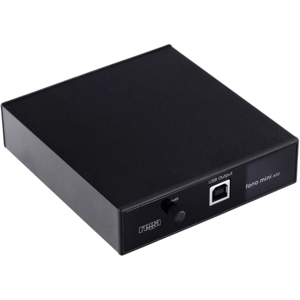 Rega Fono Mini A2D MK2 phono preamp with compact design and front input, used for connecting turntables to audio systems.