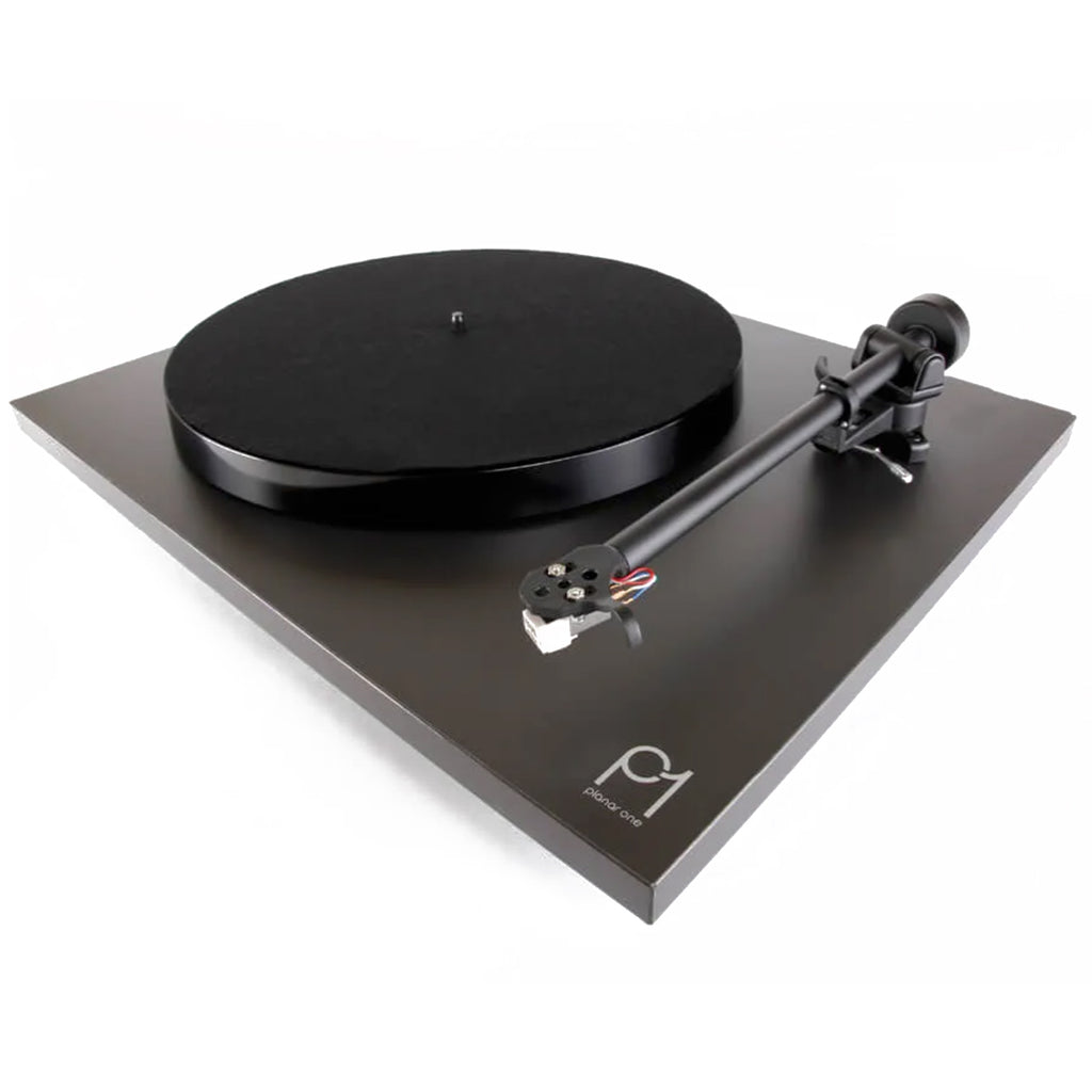 Rega Planar 1 matte black turntable with sleek design and tonearm, showcasing its high-quality audio equipment.