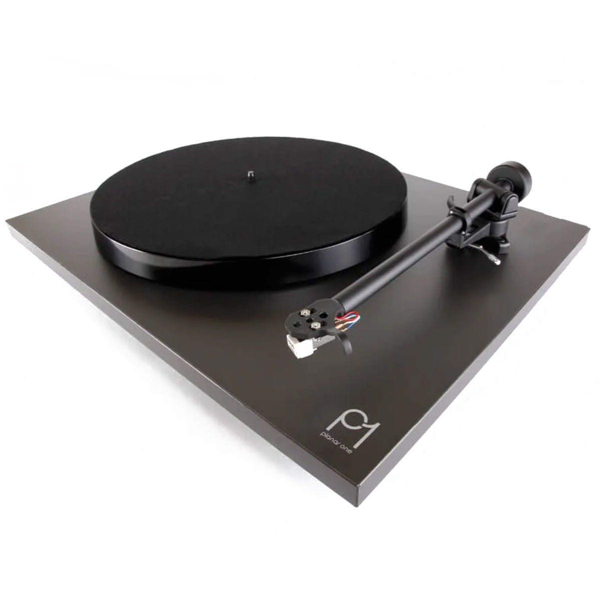 Rega Planar 1 matte black turntable with sleek design and tonearm, showcasing its high-quality audio equipment.