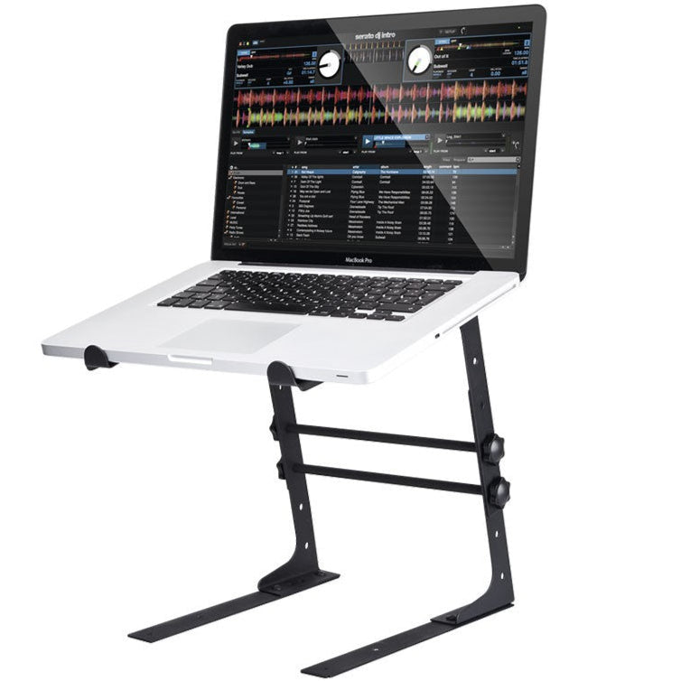 Reloop Laptop Stand supporting a laptop with adjustable height and sturdy design for ergonomic workspace setup.