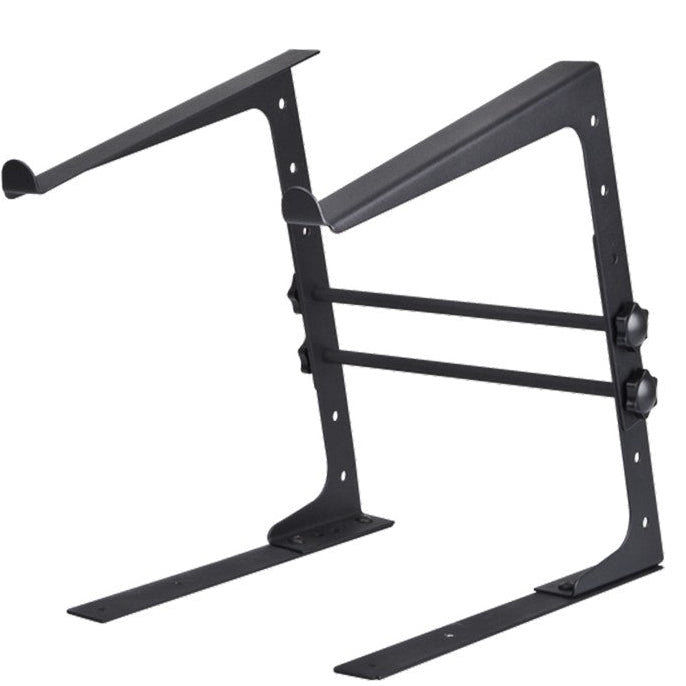 Reloop Laptop Stand supporting a laptop, adjustable height, made of black metal, designed for ergonomic workspace setup.