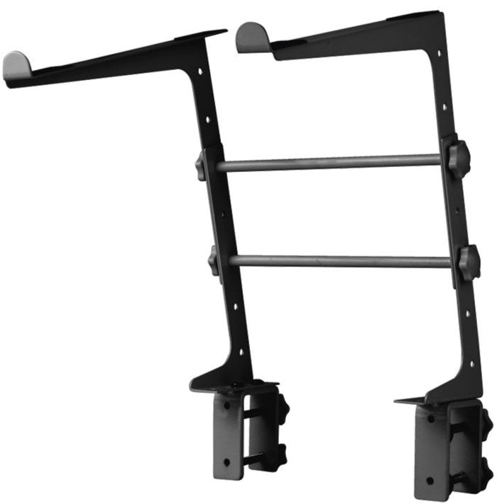 Reloop Laptop Stand displaying a sleek black adjustable stand for holding laptops at a comfortable angle.