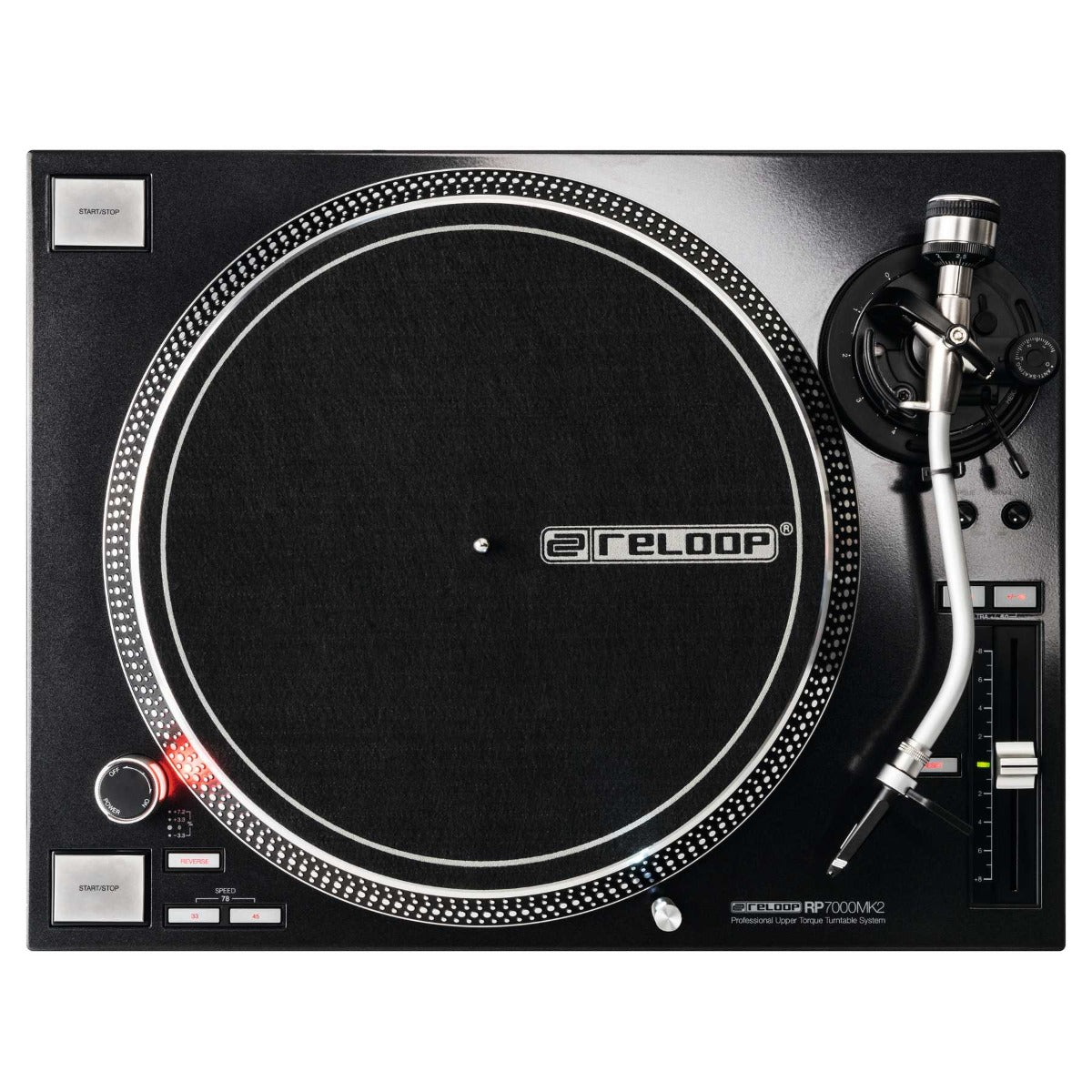 Reloop RP-7000 MK2 DJ turntable with black finish, featuring professional tonearm and sturdy platter for high-quality mixing.