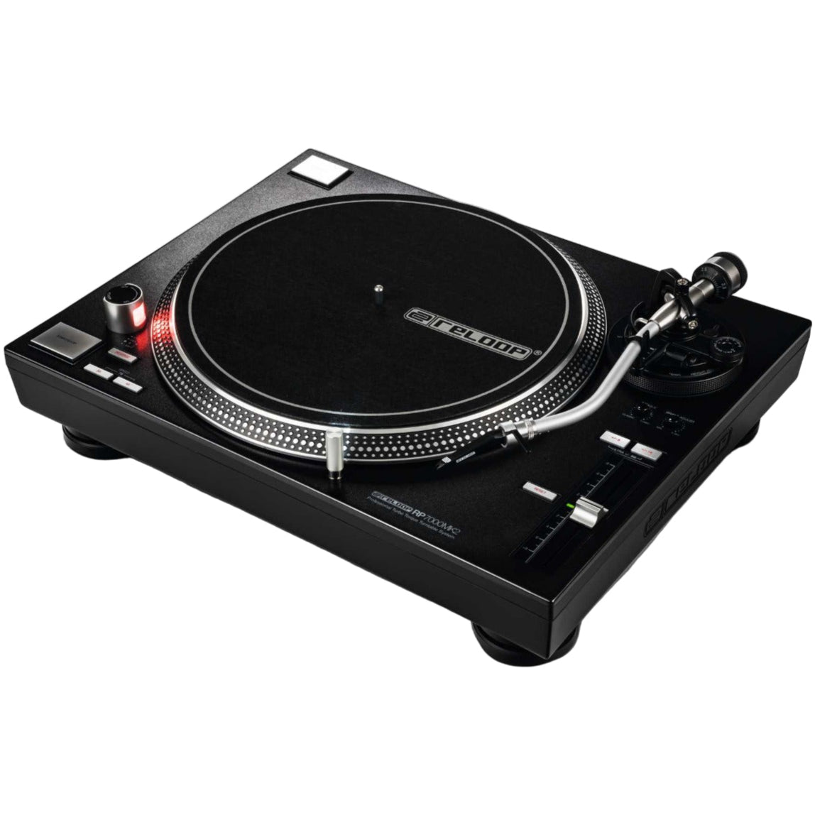 Reloop RP-7000 MK2 DJ turntable with black finish, featuring pitch control and sturdy build for professional DJ setups.