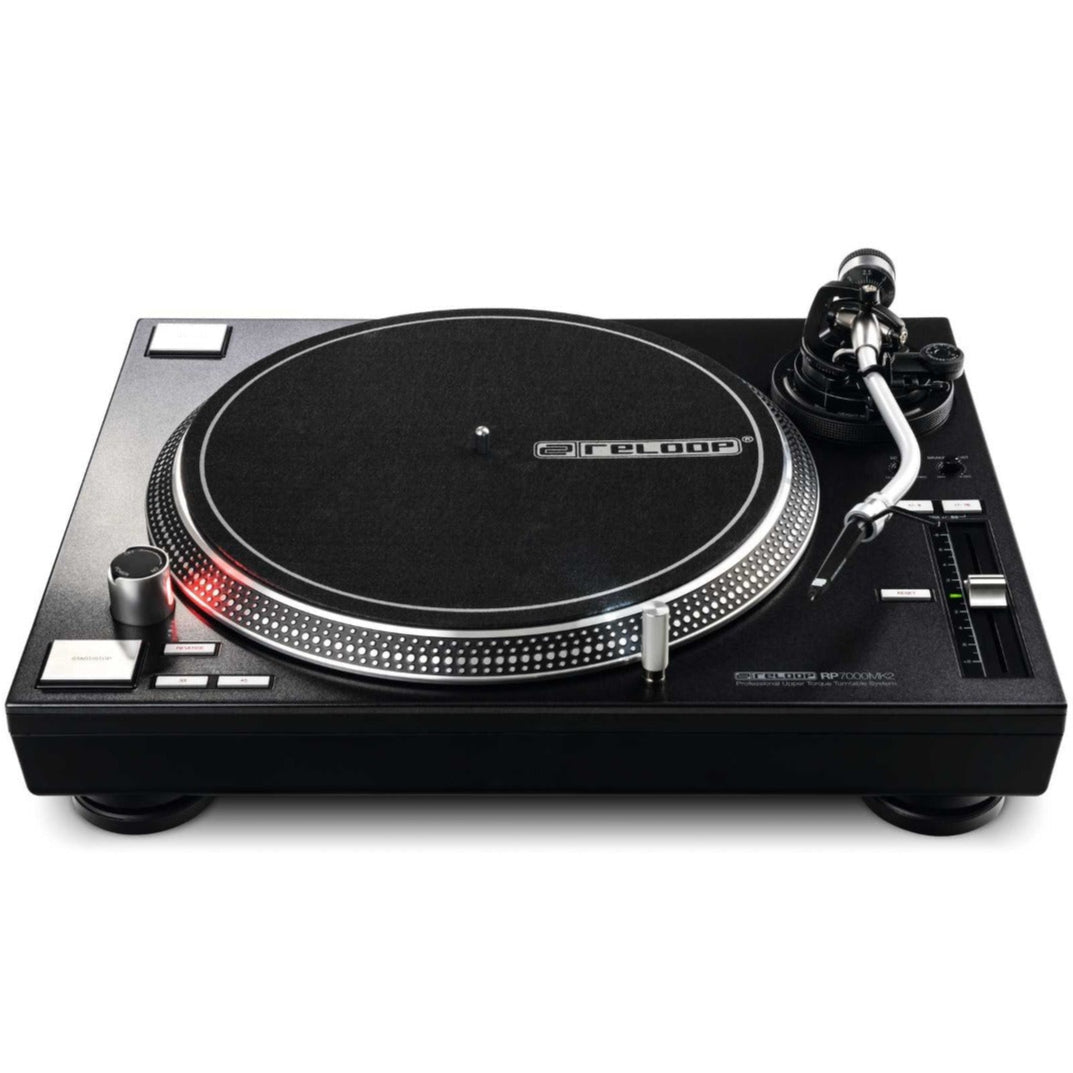 Reloop RP-7000 MK2 DJ turntable with black platter and controls, designed for professional DJ mixing and scratching.