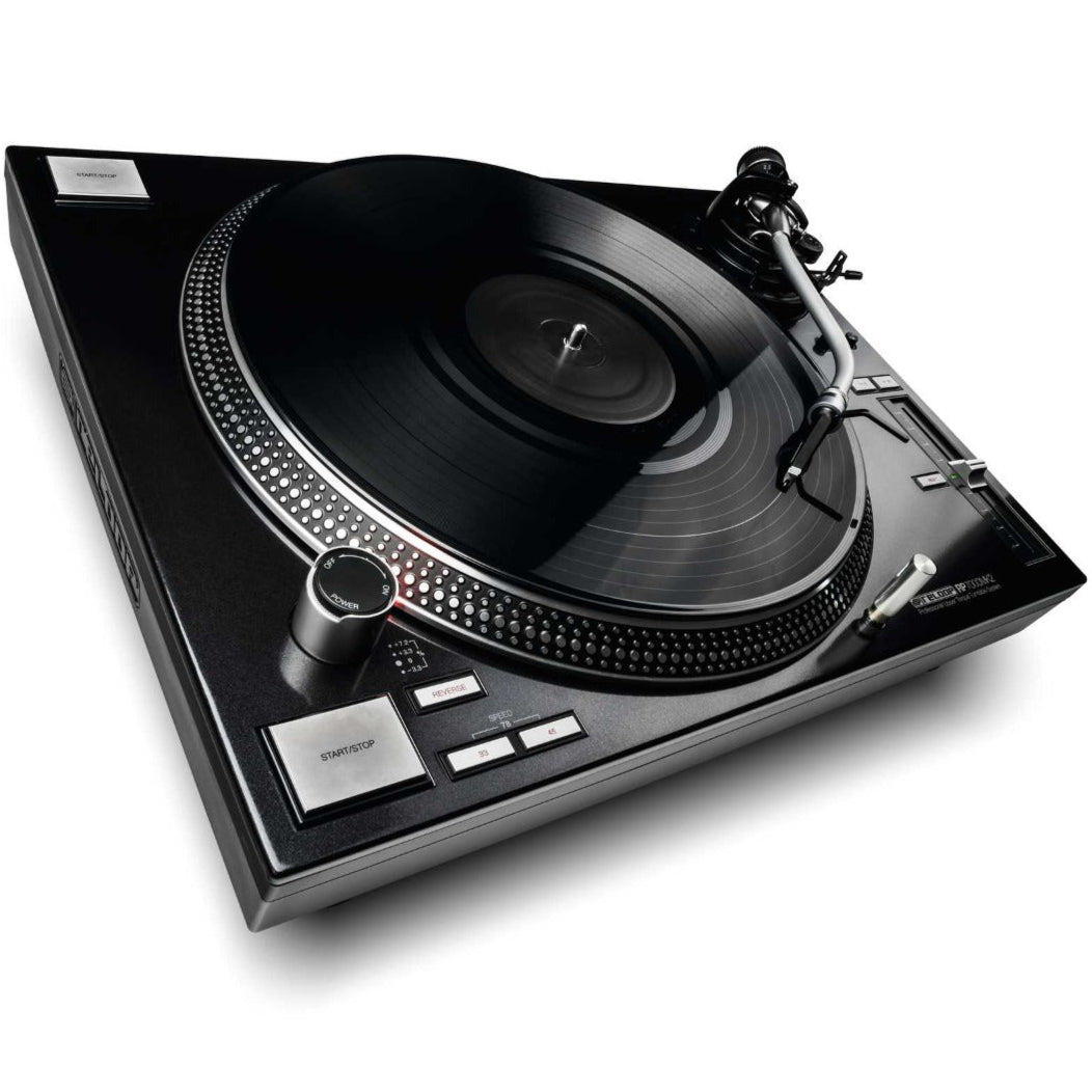 Reloop RP-7000 MK2 DJ turntable with black finish, professional-grade turntable for DJs and music mixing.