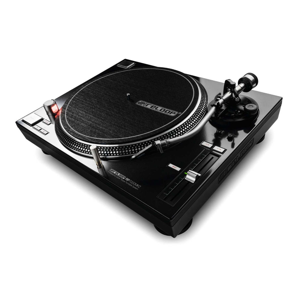 Reloop RP-7000 MK2 DJ turntable with black finish, featuring professional-grade tonearm and sturdy construction for vinyl mixing.
