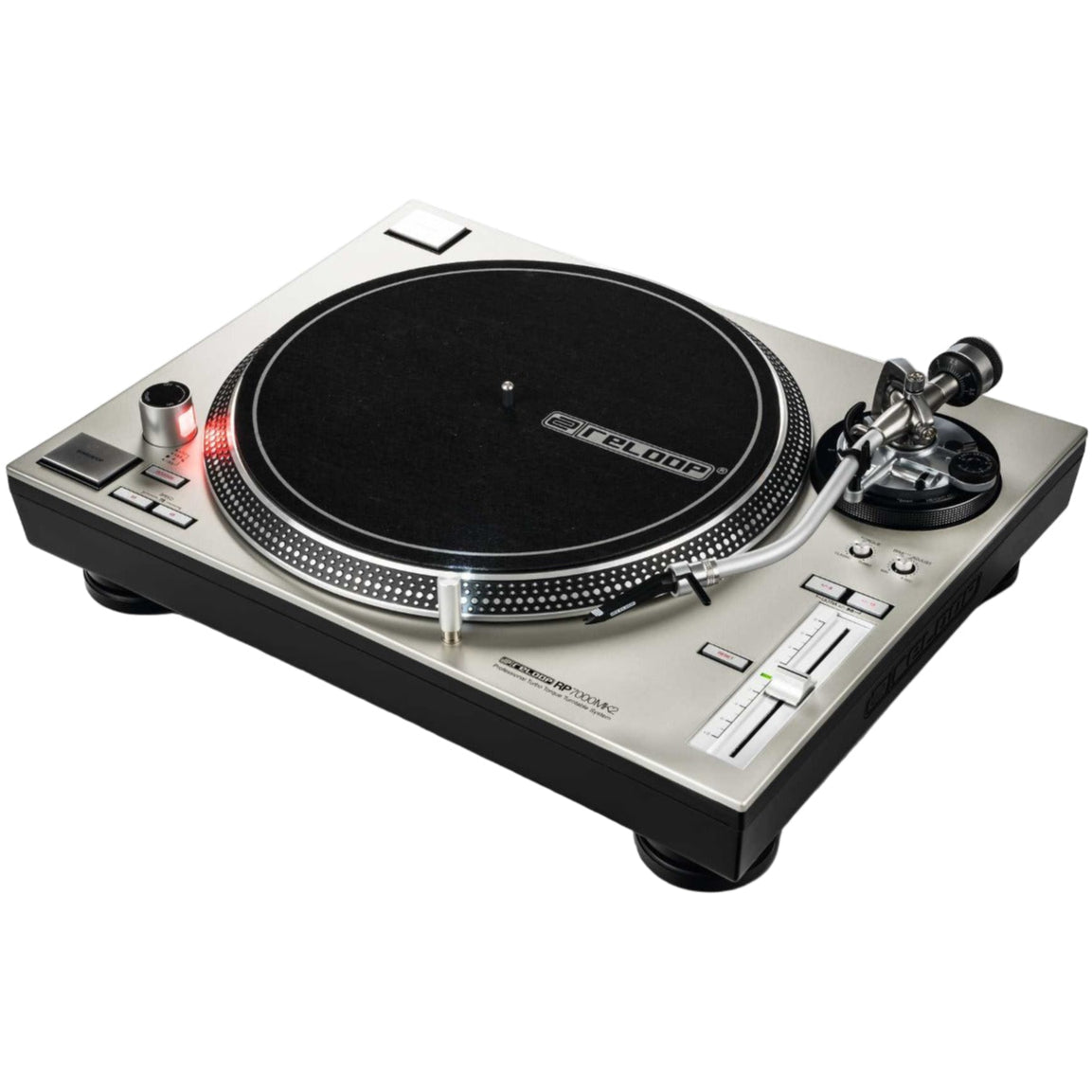 Reloop RP-7000 MK2 DJ turntable with black platter and tonearm, featuring control buttons and sturdy build for professional mixing.