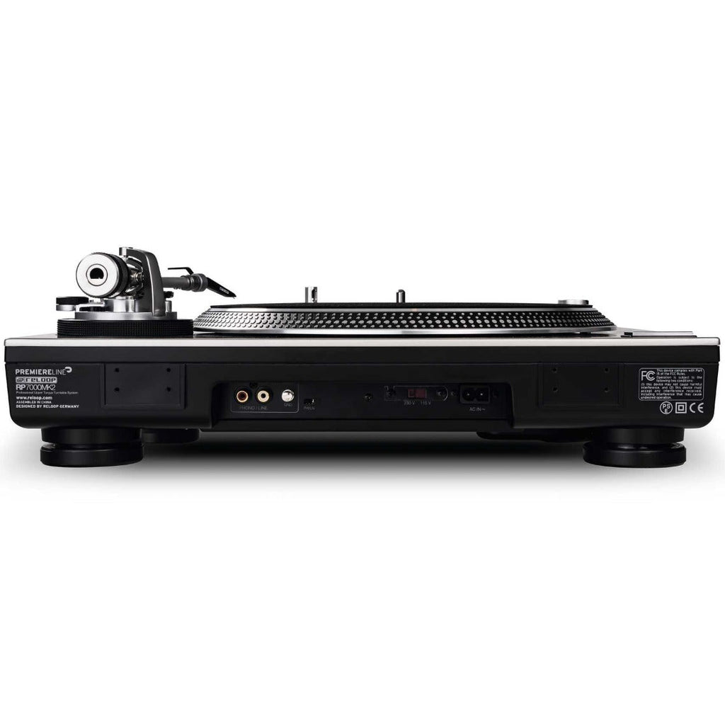 Reloop RP-7000 MK2 DJ turntable with black finish, featuring tonearm and control controls on a turntable platter.